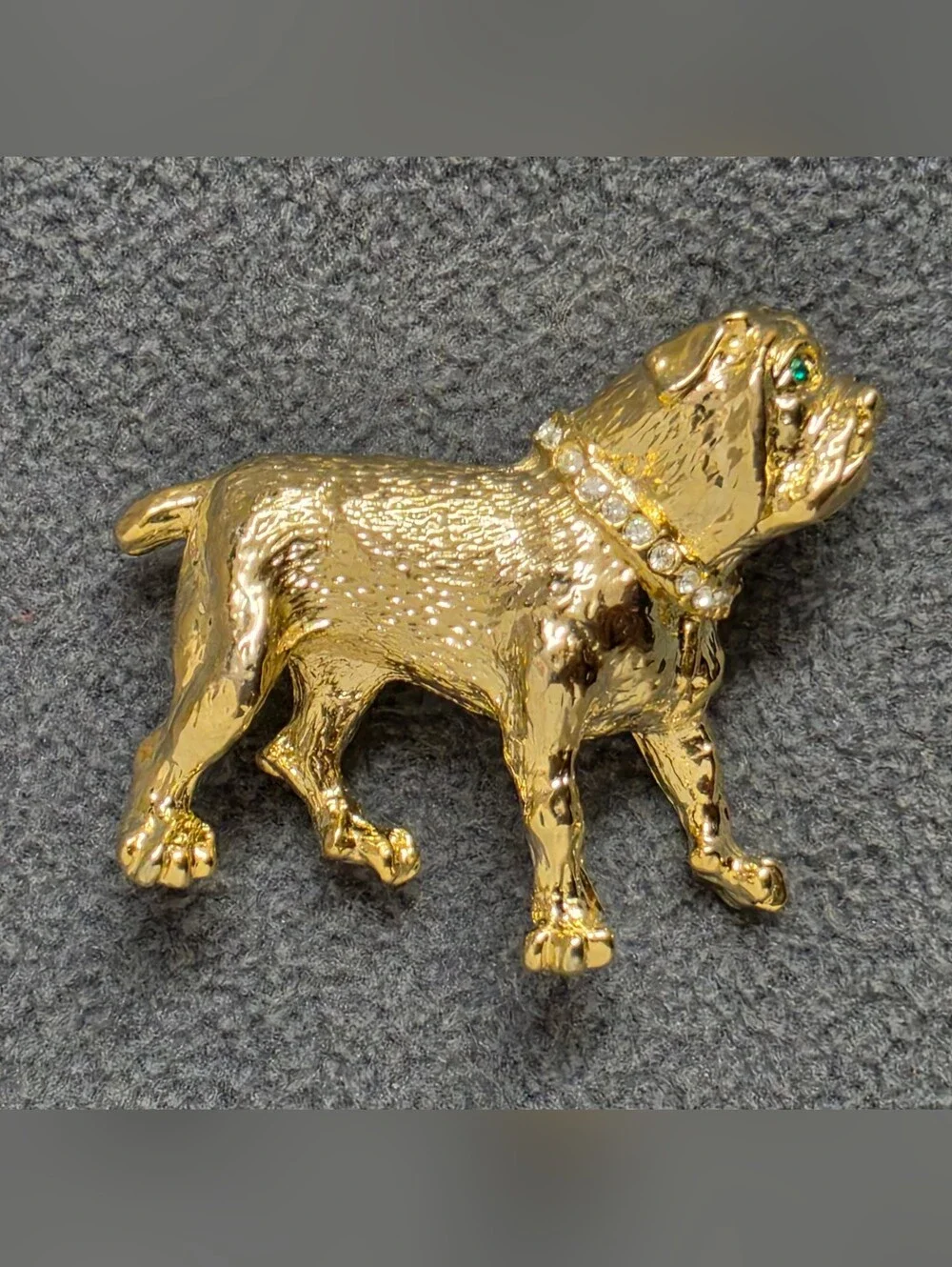 Gold Tone English Bulldog Brooch Green Rhinestone Eye Crystal Collar New